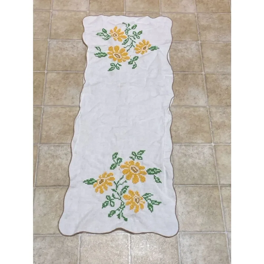 Hand-Embroidered Linen Table Runner with Yellow Floral Motif